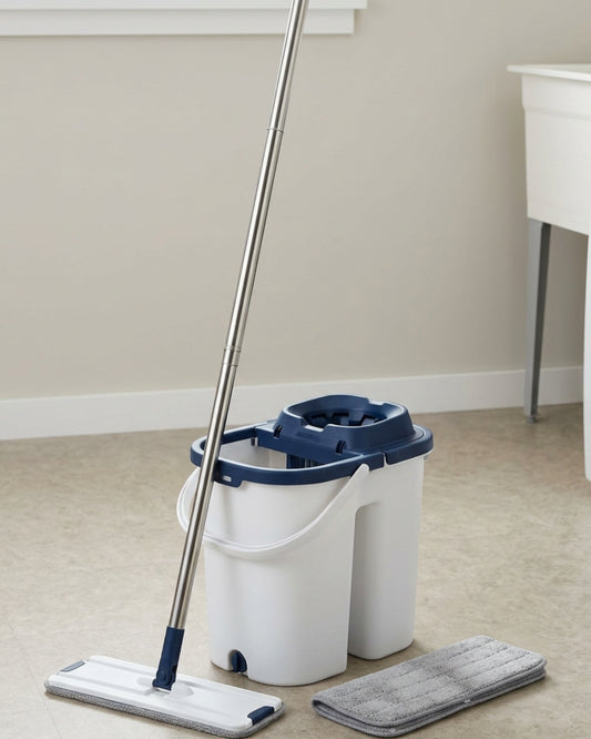 Zovn Twinwell Self-Wringing Flat Mop Bucket Set Navy White - Lifestyle view